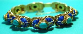 Antique Turquoise Gilt Sterling Silver Filigree Enamel Bracelet Chinese Export