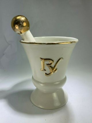 Antique Apothecary White Rx Mortar And Pestle White And Gold