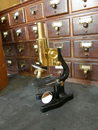 Antique 1930s German Ernst Leitz Brass Microscope,  In Wooden Box,  Shop Display,