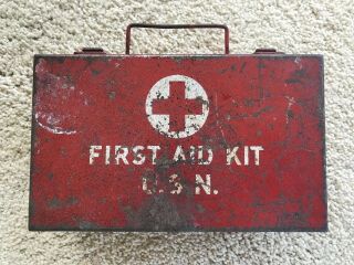 Vintage Ww2 Us Navy Shipboard Red Metal First Aid Kit W/ Some Contents
