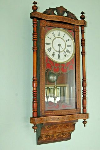 19th Century Inlaid Mahogany Pillar Wall Clock,  With Key.