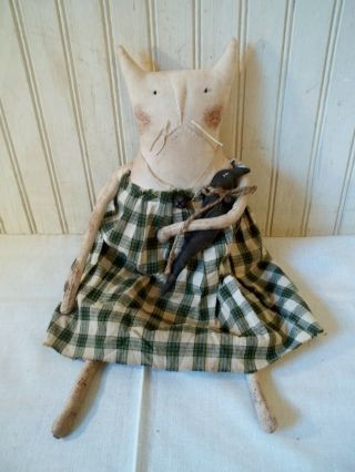 Primitive Grungy Missy Kitty White Cat Doll & Her Little Crow