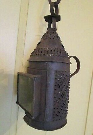 Rare Early Antique Pierced Tin Lantern W/ Window In The Door,  Handle