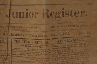 Franklin La Louisiana Civil War Newspaper April 25 1863 " Weekly Junior Register "