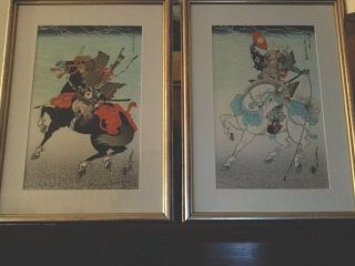 Two Japanese Woodblock Prints - Sadanobu Hasegawa - Warriors Takatsuna & Kagesue