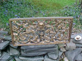 Early 1800s Chinese Hand Carved Wood Panel W Gilded Dragons,  Pearls Design