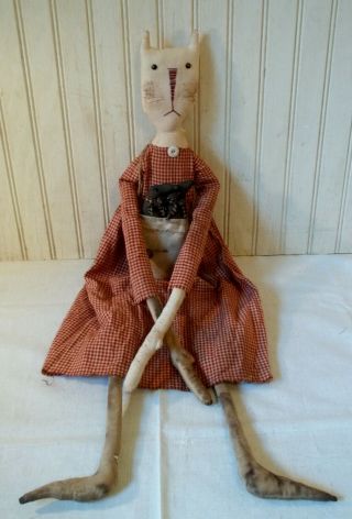 Primitive Grungy Tall Grubby White Kitty Cat Doll & Her Crows