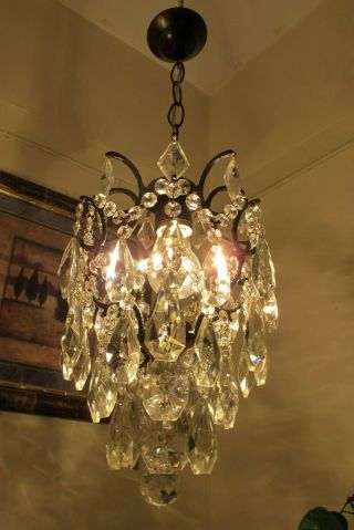 Antique Vnt.  Cage Style Crystal Chandelier Lamp Light 1940 