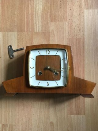 Vintage Fhs Hermle 130 - 020 Chime Wind Up Wood Brass Mantel Shelf Clock With Key
