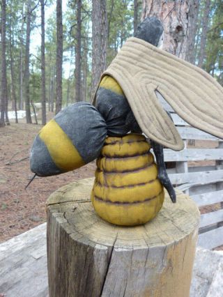 Primitive Folk Art Doll Honey Bee Sitting On His Bee Hive Summer Insect