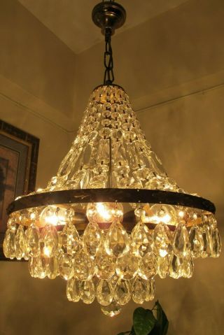 Antique Vnt.  Big French Basket Style Crystal Chandelier Lamp Light 1940 