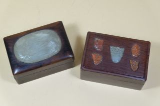 Two Chinese Jade Agate Inlaid Wood Scholars Boxes.
