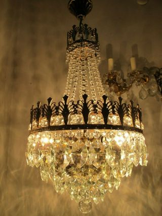 Antique Vnt French BIG Basket Crystal Chandelier Lamp Lustre 1940 ' s 14in Ø dmtr - 3