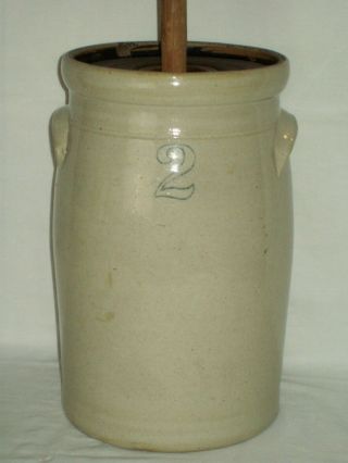 Antique 2 Stoneware Butter Churn Crock With Lid & Dasher / Vintage Butter Churn 2