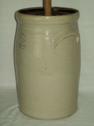 Antique 2 Stoneware Butter Churn Crock With Lid & Dasher / Vintage Butter Churn 3