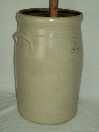 Antique 2 Stoneware Butter Churn Crock With Lid & Dasher / Vintage Butter Churn 8