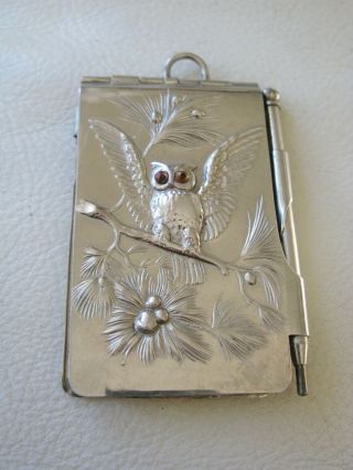 Antique Art Nouveau Silver Owl Glass Eyes Notebook Writing Pencil Aide Memoire