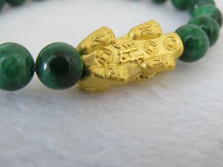 24K 9999 Yellow Gold 3D Pixiu with Green Jadeite Jade Bead Elastic Bracelet 2