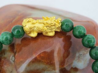 24K 9999 Yellow Gold 3D Pixiu with Green Jadeite Jade Bead Elastic Bracelet 3