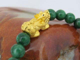 24K 9999 Yellow Gold 3D Pixiu with Green Jadeite Jade Bead Elastic Bracelet 4
