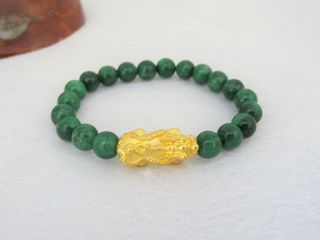 24K 9999 Yellow Gold 3D Pixiu with Green Jadeite Jade Bead Elastic Bracelet 5