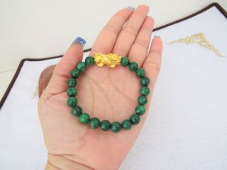 24K 9999 Yellow Gold 3D Pixiu with Green Jadeite Jade Bead Elastic Bracelet 6
