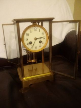 Antique Seth Thomas Glass & Brass Mantle Clock W/ Pendulum & Key