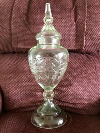 Huge Cut Glass Apothecary Candy Jar 21”tall.  Etched With The Word “candy”.