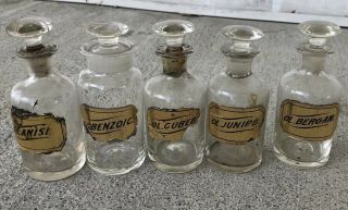 Set 5 Early Chemist Pharmacist Apothecary Bottles Hand Painted Label Open Pontil