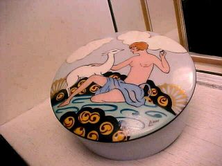 Rare Art Deco 1920 ' s France Nude Lady w Deer Dresser Powder Jar w Lid - Signed 3