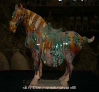 16 " Old Chinese Tang Sancai Ceramics Dynasty Palace War Horse Luck Sculpture