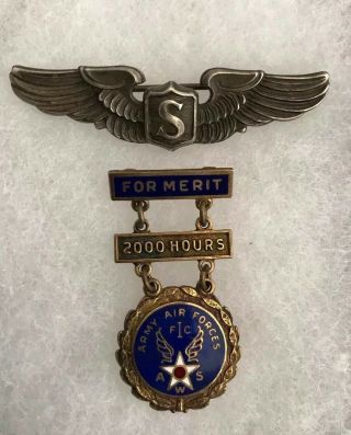 Vintage WW2 Sterling US ARMY AIR CORPS Service Pilot Wings W/2000 Hour Merit Pin 2