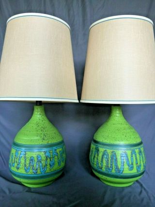 Large Pair Ceramic Mid Century Modern Green & Blue Lamps Shades