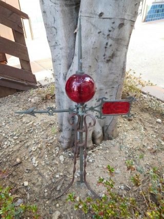 Antique Vtg ? Roof Wrought Iron Red Glass Ball Arrow Lightning Rod Weather Vane