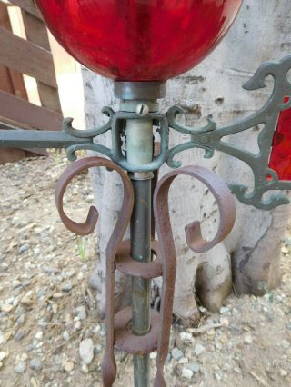Antique Vtg ? Roof Wrought Iron Red Glass Ball Arrow Lightning Rod Weather Vane 4