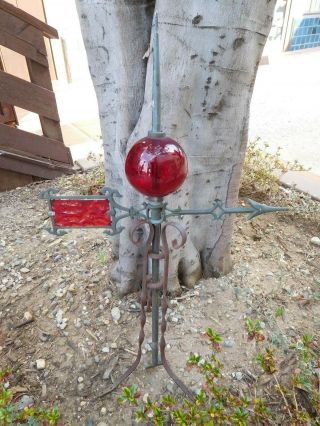 Antique Vtg ? Roof Wrought Iron Red Glass Ball Arrow Lightning Rod Weather Vane 6