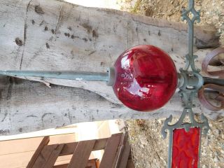 Antique Vtg ? Roof Wrought Iron Red Glass Ball Arrow Lightning Rod Weather Vane 8