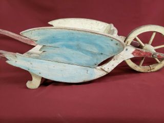 Antique Folk Art Child ' s Primitive Stork Wheelbarrow - Paint 3