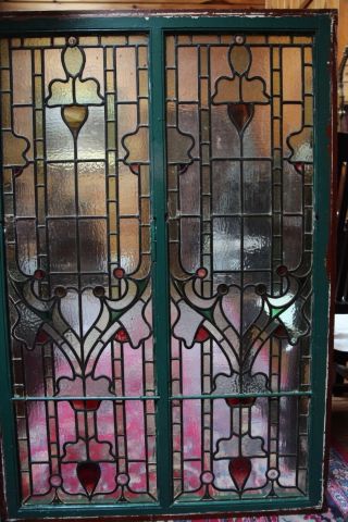 ANTIQUE LARGE ARTS AND CRAFTS STAINED GLASS WINDOWS 11
