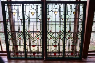 Antique Large Arts And Crafts Stained Glass Windows