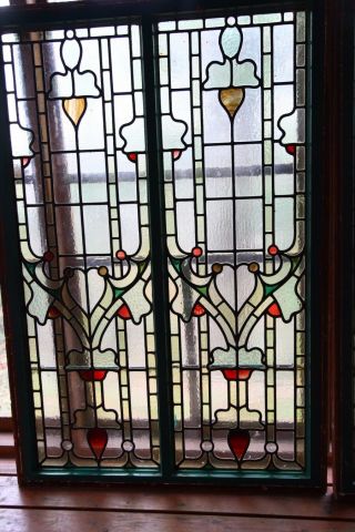 ANTIQUE LARGE ARTS AND CRAFTS STAINED GLASS WINDOWS 2