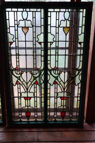 ANTIQUE LARGE ARTS AND CRAFTS STAINED GLASS WINDOWS 3