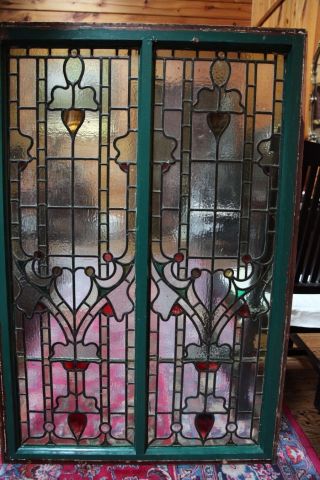 ANTIQUE LARGE ARTS AND CRAFTS STAINED GLASS WINDOWS 8