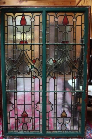 ANTIQUE LARGE ARTS AND CRAFTS STAINED GLASS WINDOWS 9