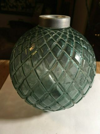 Antique Large Quilted Lightning Rod Ball Globe,  Green Glass,  End Caps