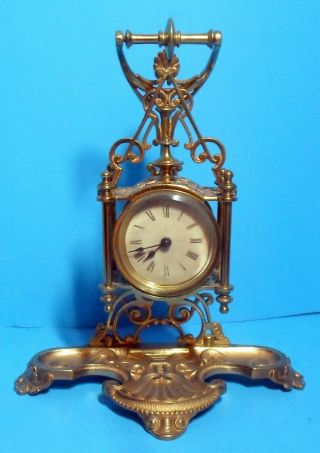 Antique Ansonia Boudoir Brass Clock On A Victorian Ormolu Pocket Watch Stand