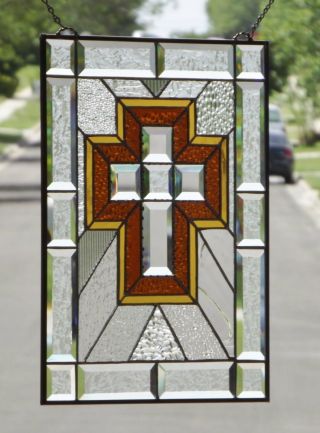 •beveled Cross •stained Glass Window Panel • 19 1/4 " X 14 1/4 "