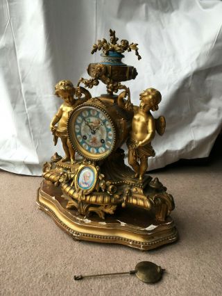 Fab Antique 19thc Feres Gilt Bronze Ormolu French Cherub Porcelain Mantel Clock