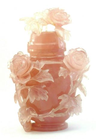 Antique Chinese Carved Flowers Natural Pink Rose Quartz Vase And Cover