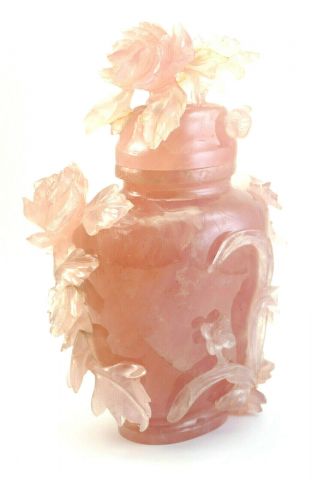 ANTIQUE CHINESE CARVED FLOWERS NATURAL PINK ROSE QUARTZ VASE AND COVER 5